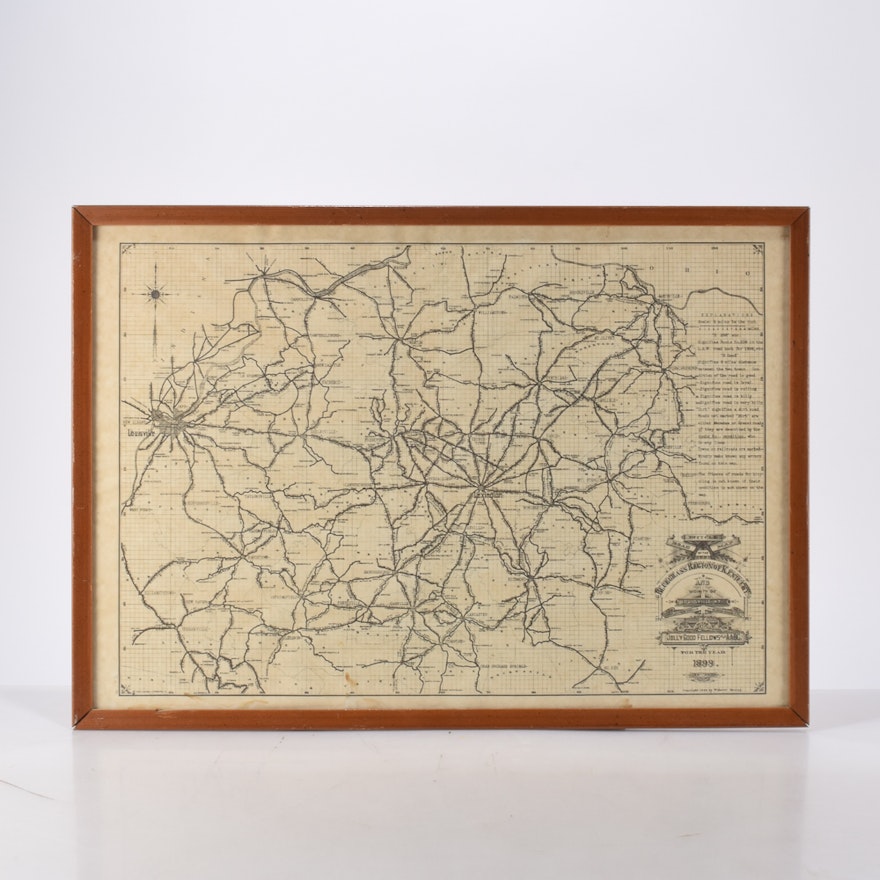 Framed Bicycle Road Map of the Kentucky Bluegrass Region Including Lexington and Louisville