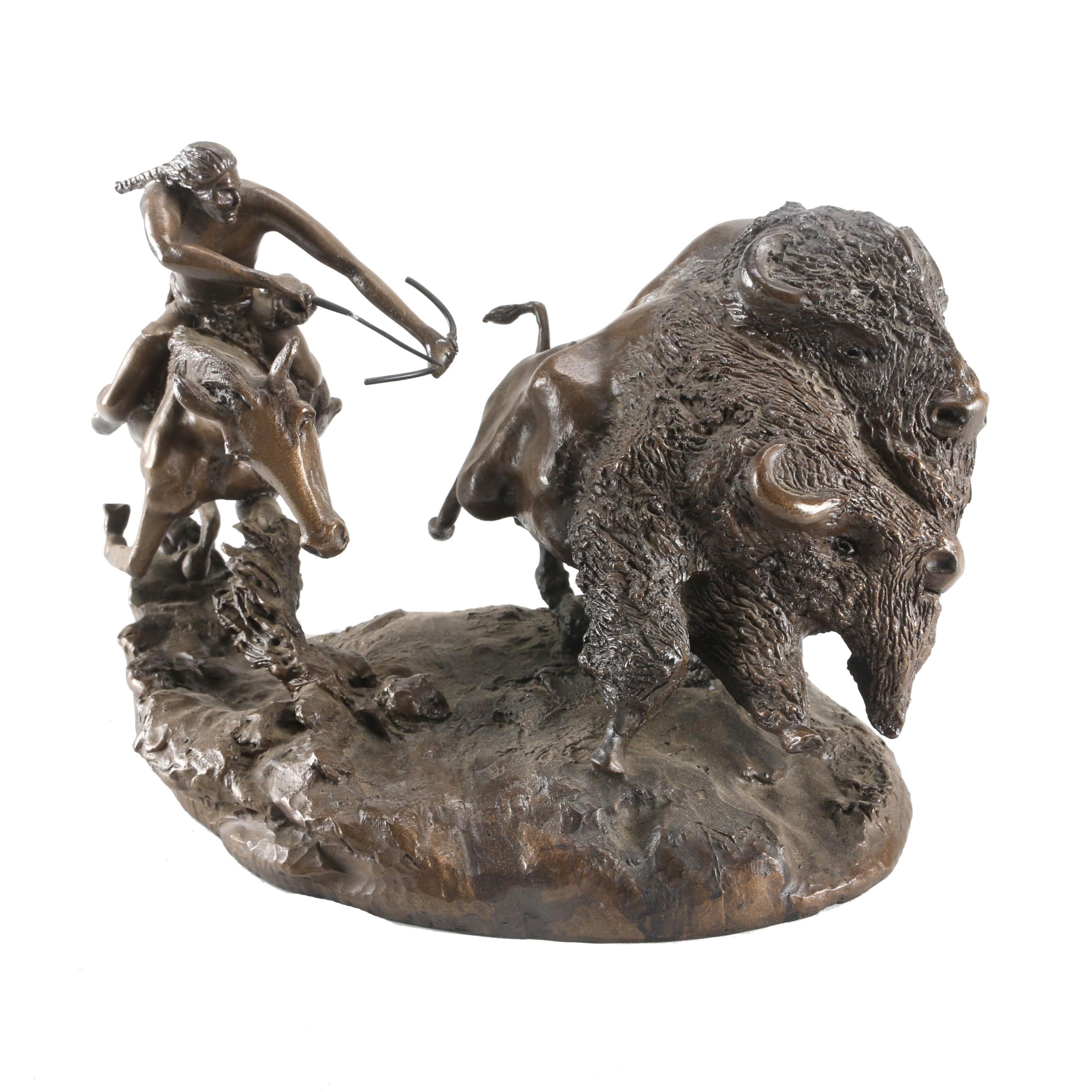 Replica Copper Sculpture After Charles Russell's "Double Buffalo Hunt"