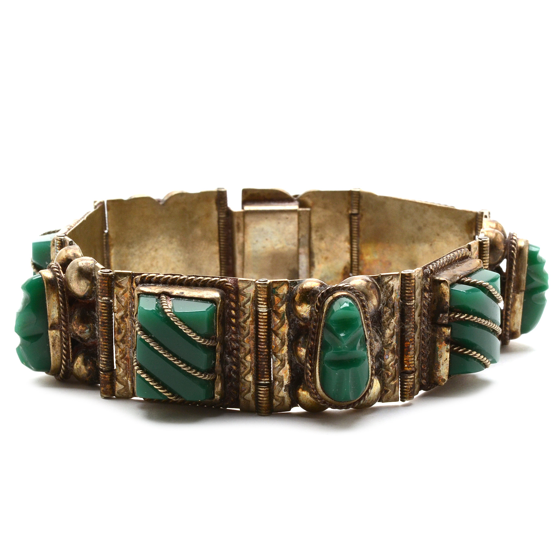 Mexican Alpaca Silver and Green Onyx Bracelet Signed Anita Tacke