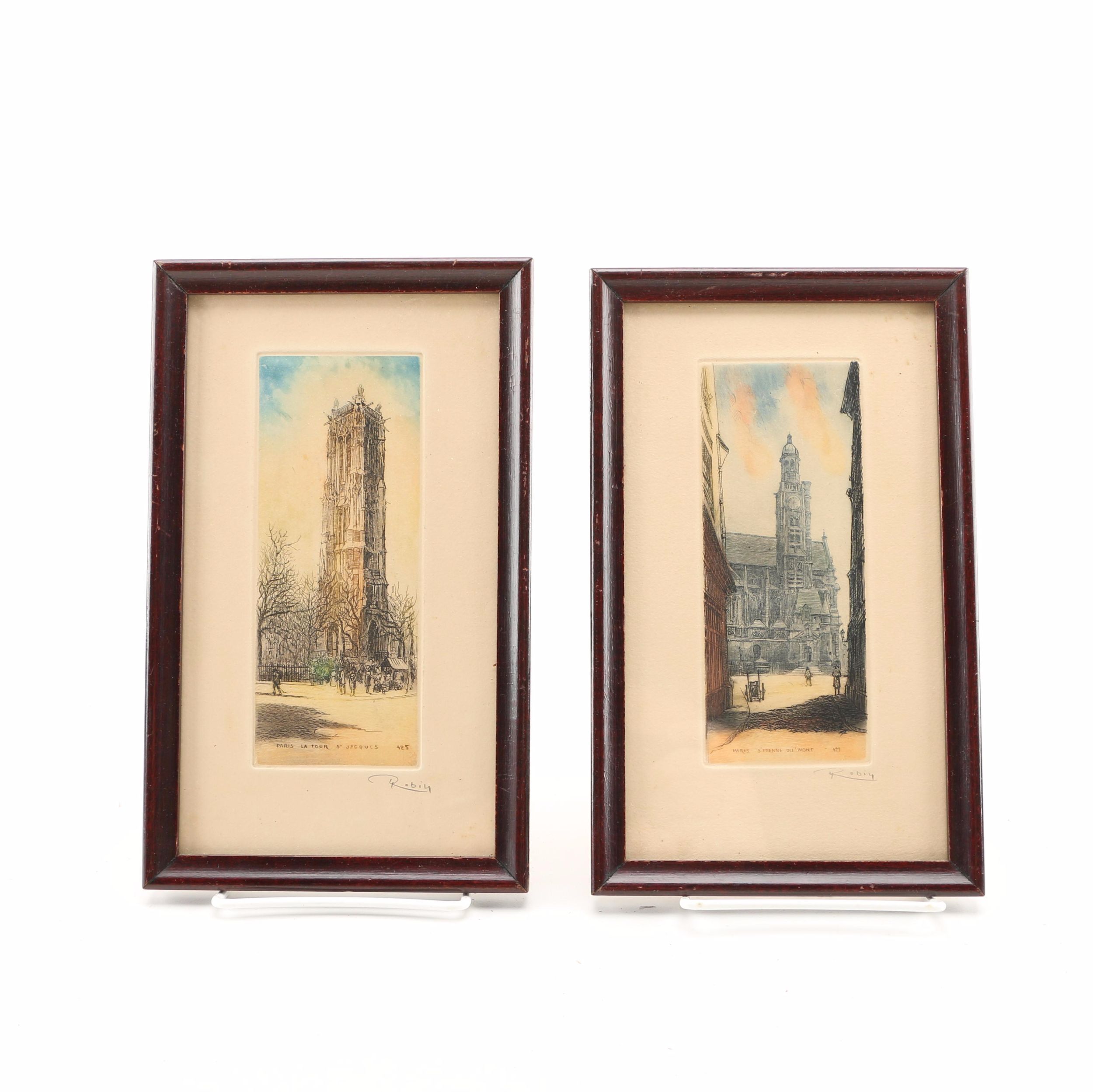 Leopold Robin Aquatint Etchings on Paper Parisian Street Scenes