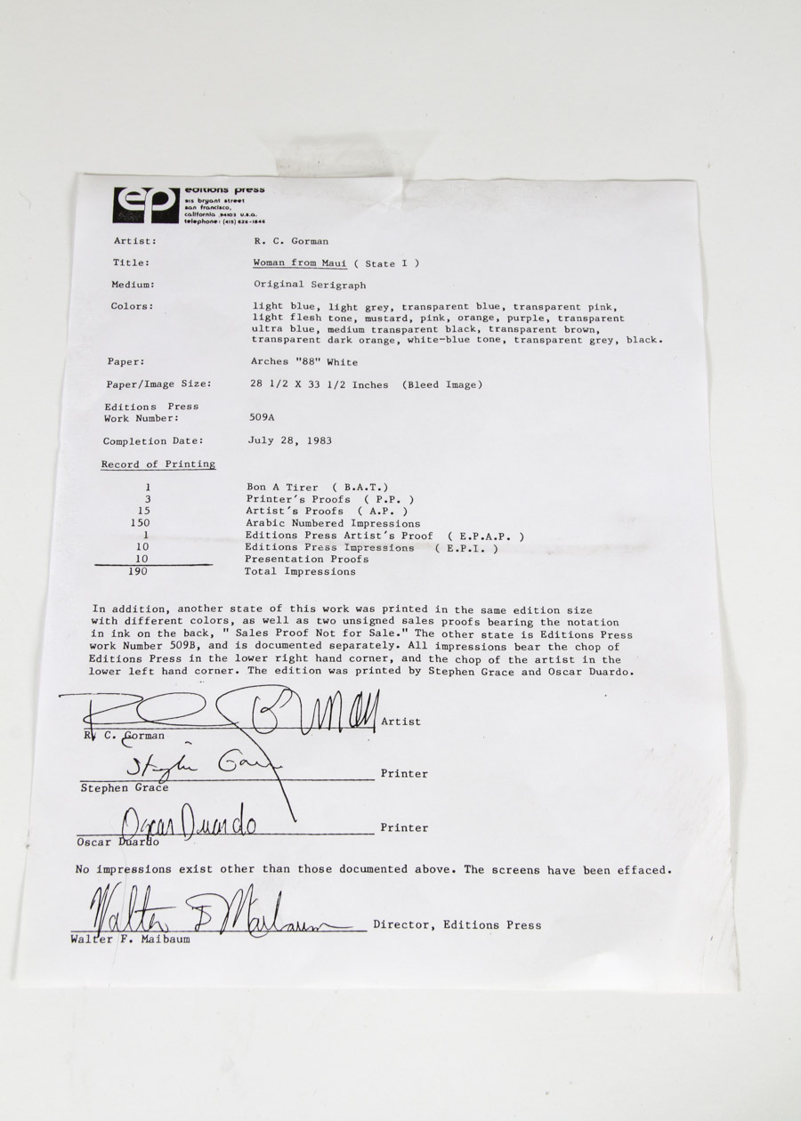 R.C. Gorman Serigraph on Paper "Woman from Maui"