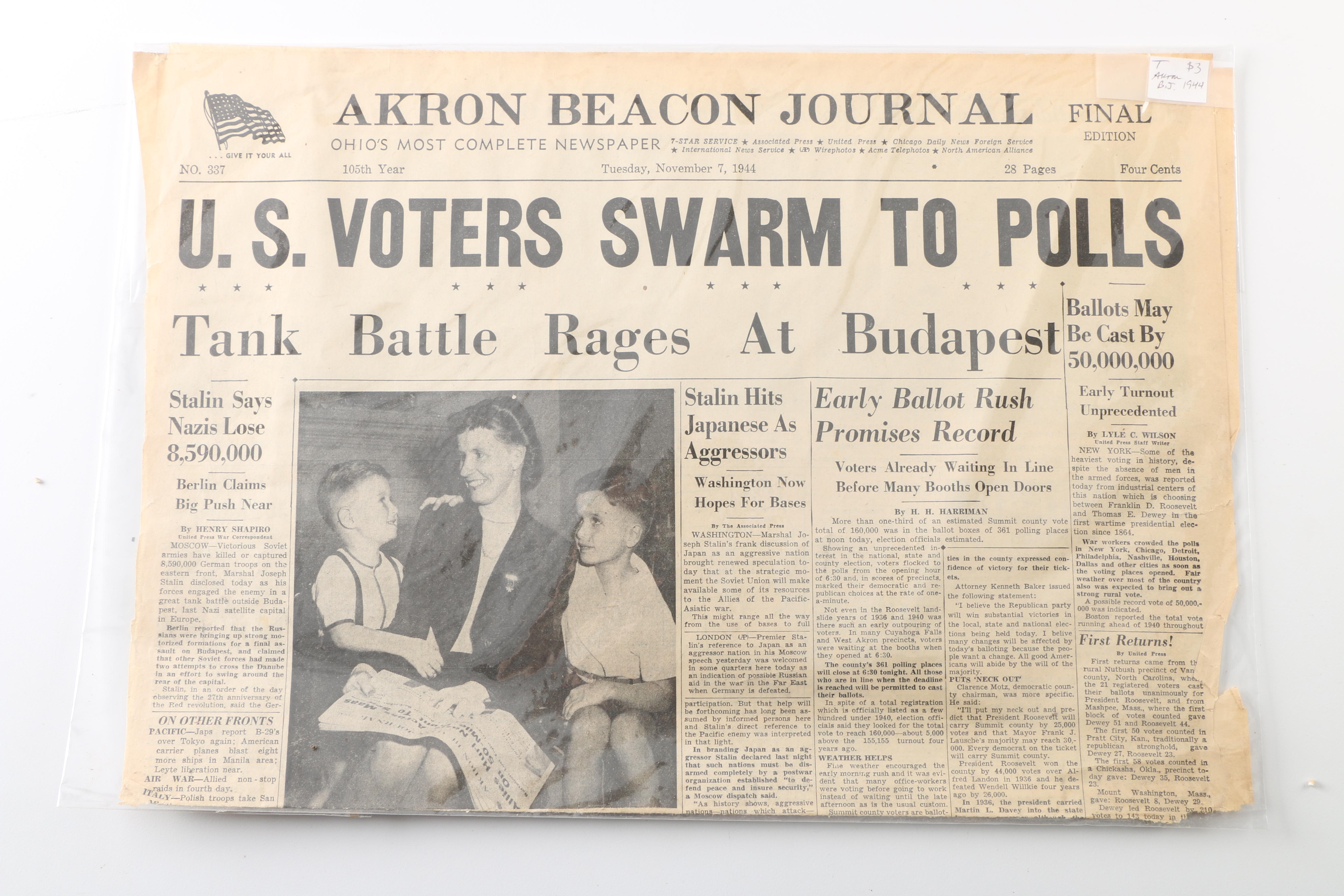 WWII Era "Akron Beacon Journal" Newspapers