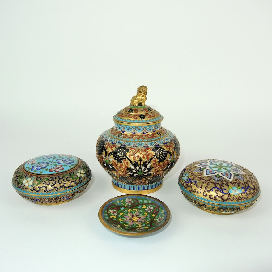 Chinese Cloisonné Lidded Urn and Dishes