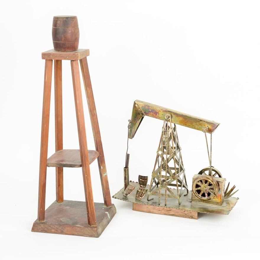 Metal Oil Derrick and Wooden Water Tower