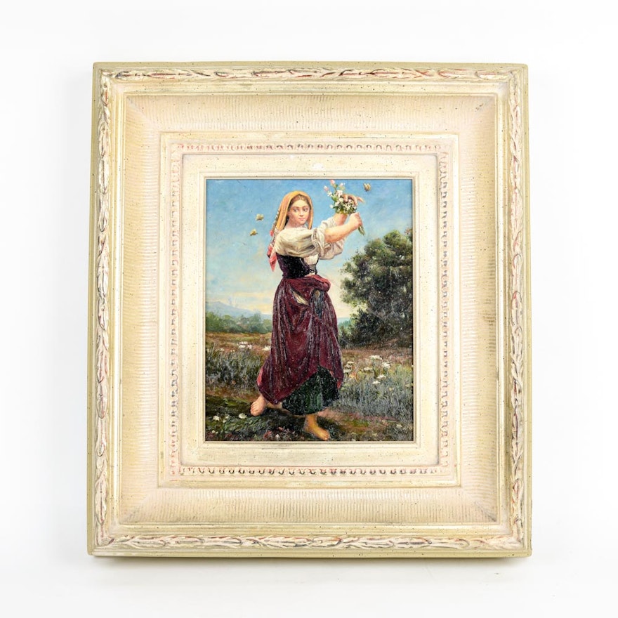 Maiden Picking Flowers Lithograph