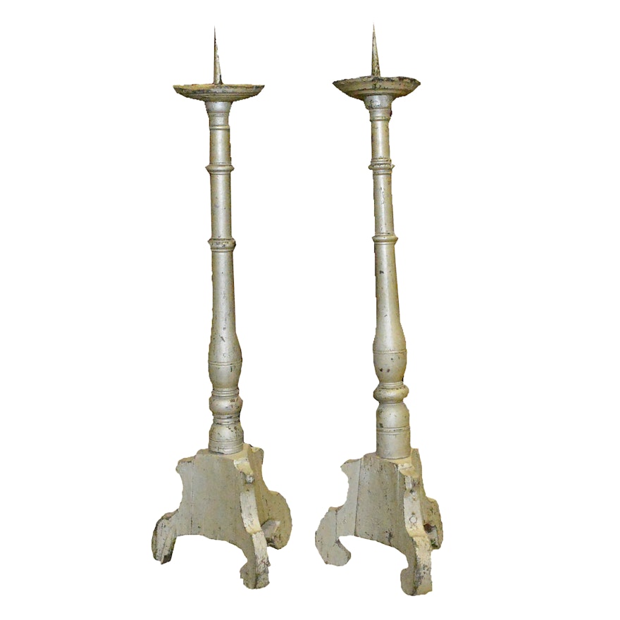 Two Antique Large Wooden Standing Candle Holders