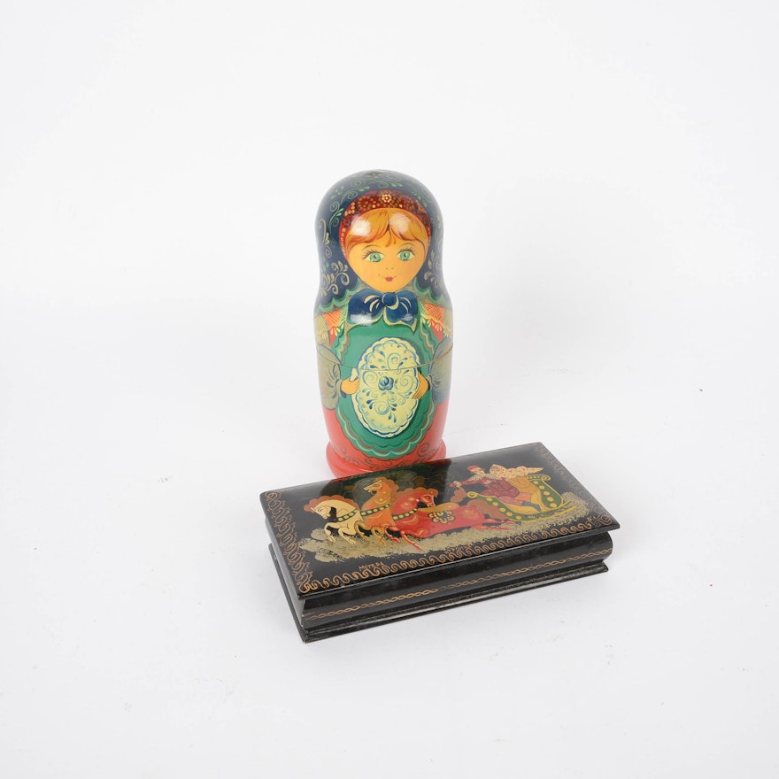 Russian Hand Painted Lacquered Wooden Box and Nesting Boxes