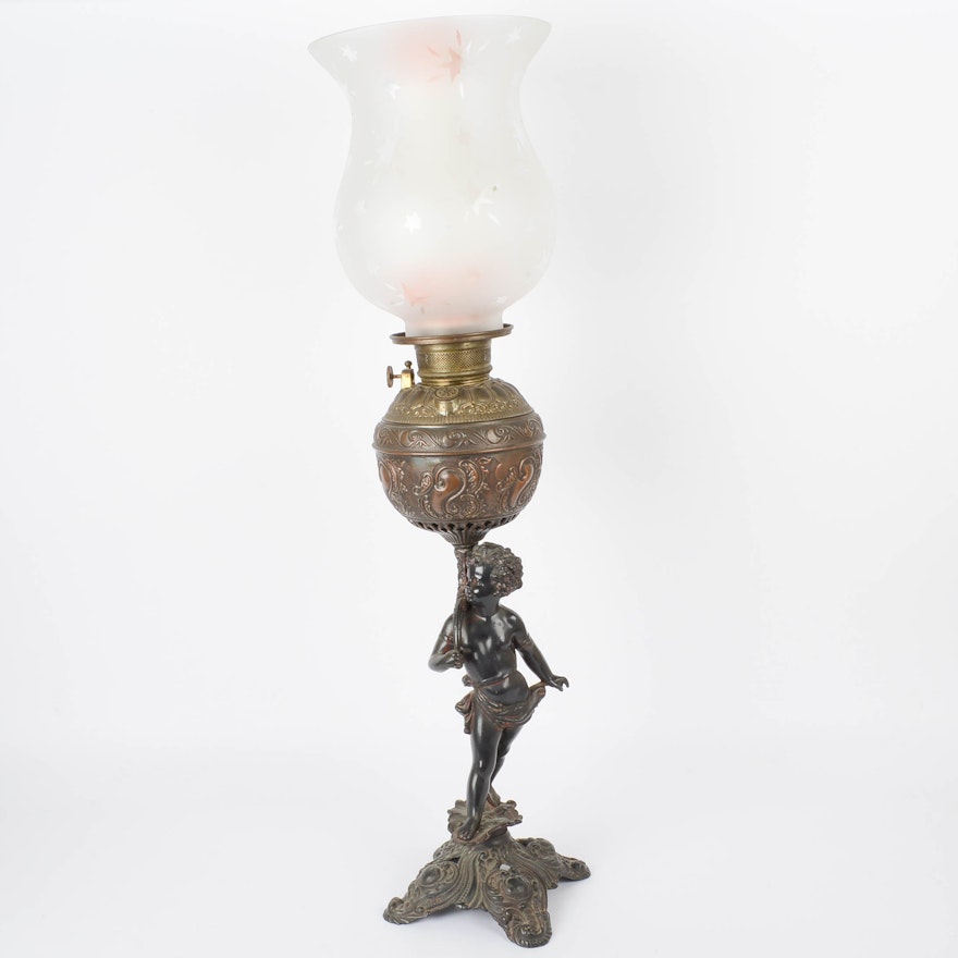 Vintage Bronze Figurine Gas Lamp with Double Shades