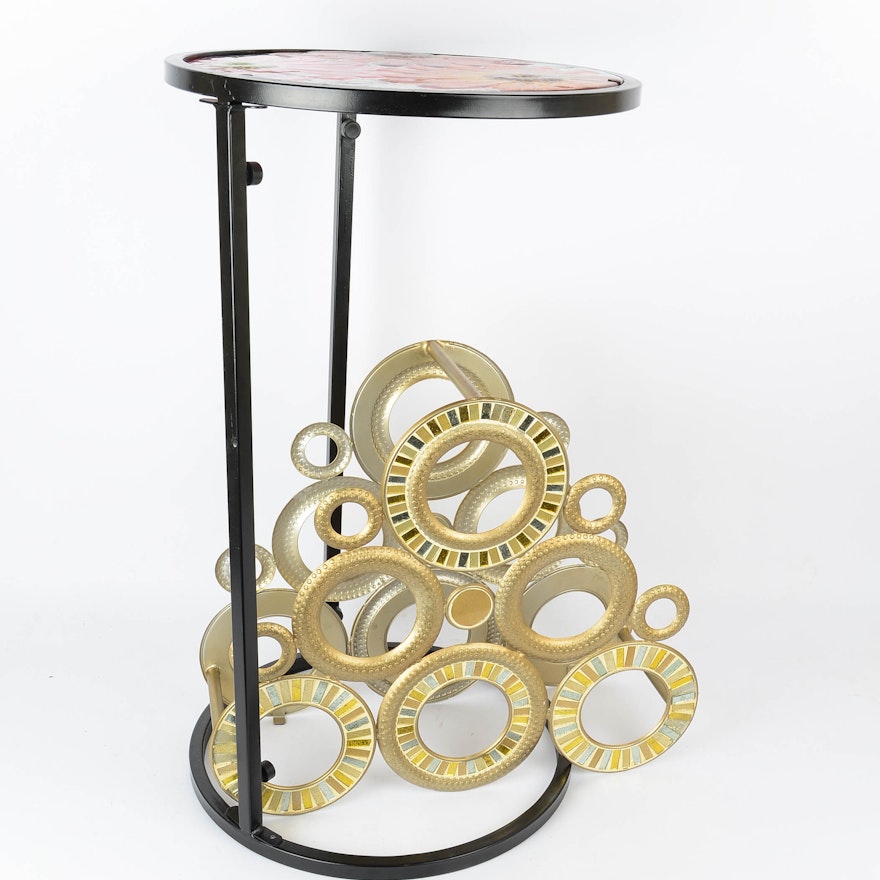 Glass Top Side Table and Mosaic Metal Wine Holder