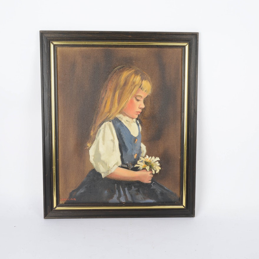 Vintage Oil on Canvas of Girl by Malone