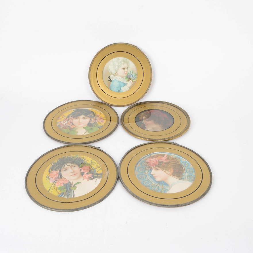 Vintage Round Metal Plaques of Victorian Women