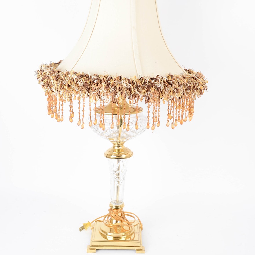 Brass and Cut Glass Lamp with Decorative Shade