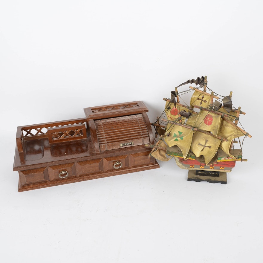 Small Wooden Dresser Valet with Pair of Old Ships