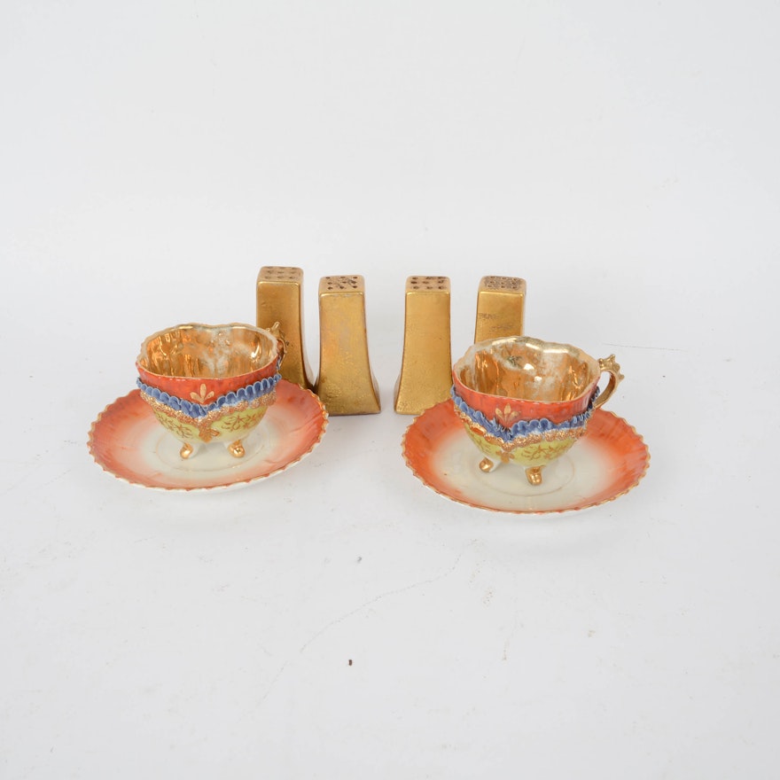 Vintage Cups and Saucers with Four Gold Tone Ceramic Shakers