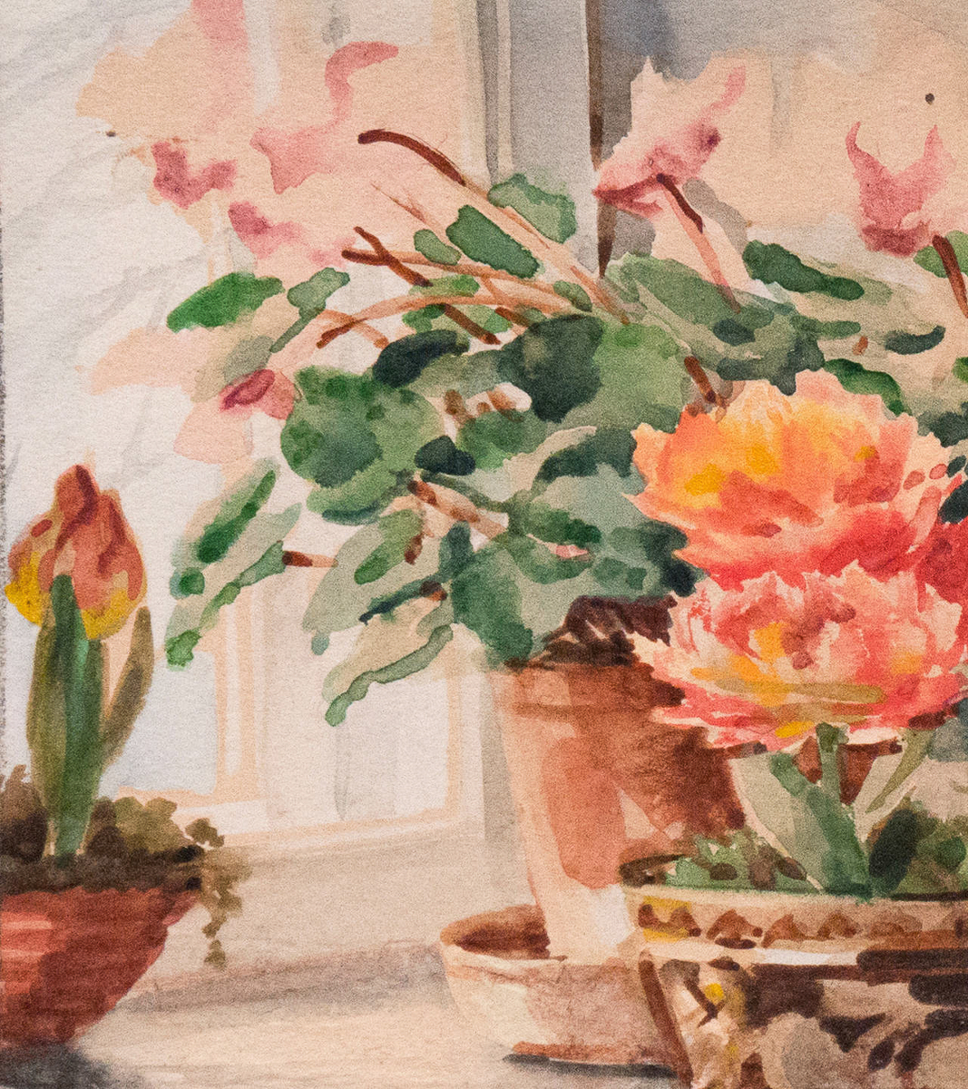Her Imperial Highness Olga Alexandrovna Watercolor Painting on Card "Flowers in the Window"