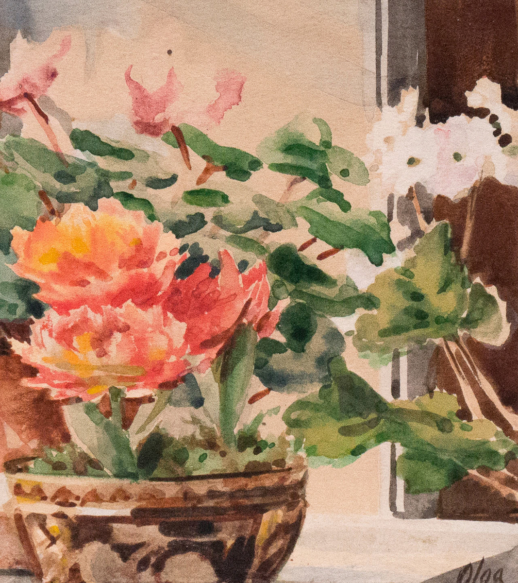 Her Imperial Highness Olga Alexandrovna Watercolor Painting on Card "Flowers in the Window"