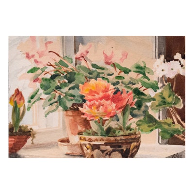 Her Imperial Highness Olga Alexandrovna Watercolor Painting on Card "Flowers in the Window" Her Imperial Highness Olga Alexandrovna Watercolor Painting on Card "Flowers in the Window"