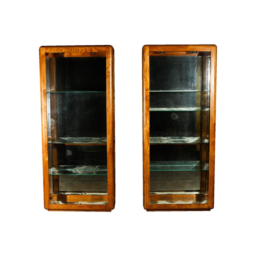 Pair of Oak Lighted Display Cabinets