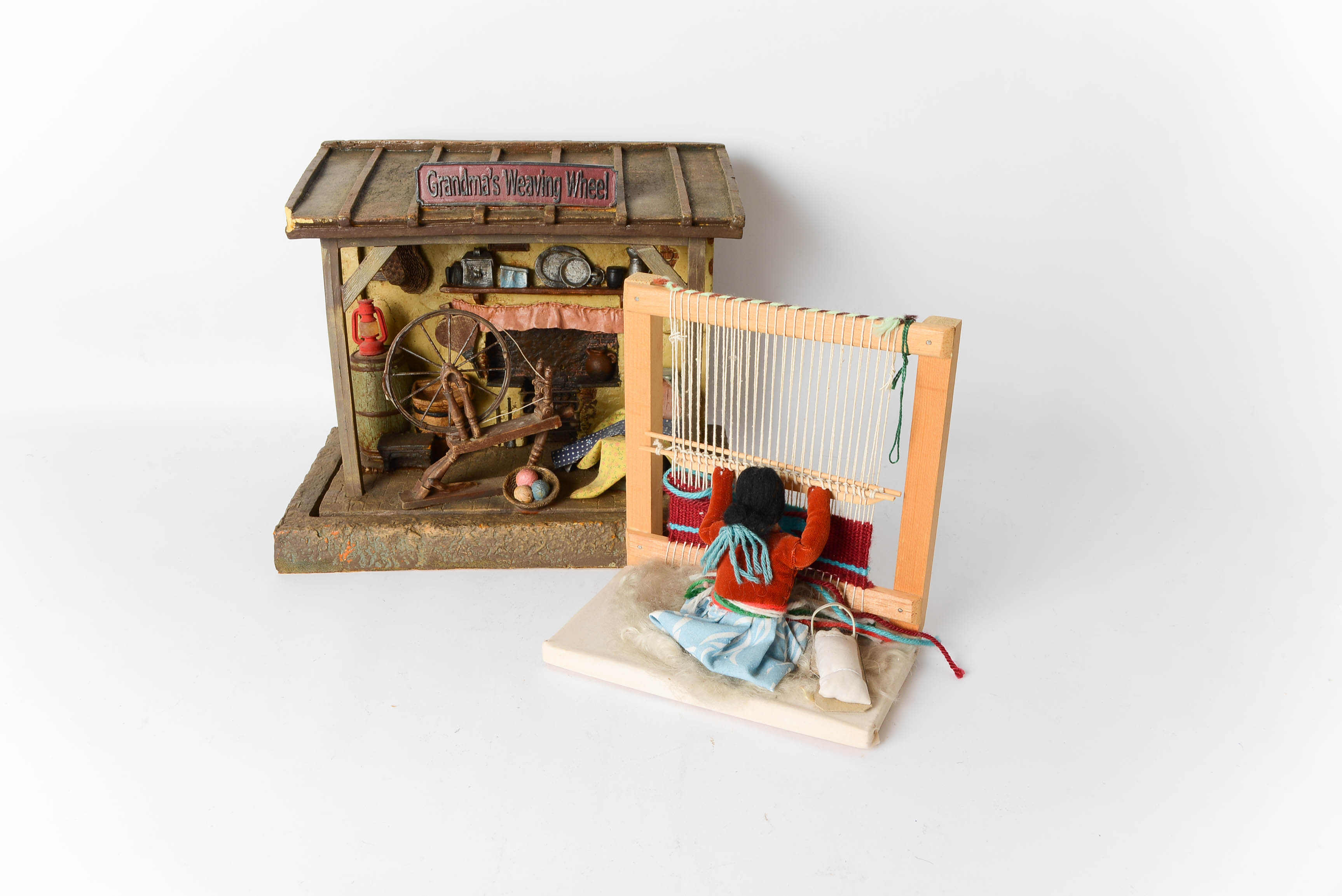 Grandma's Weaving Wheel and Girl Weaving Blanket