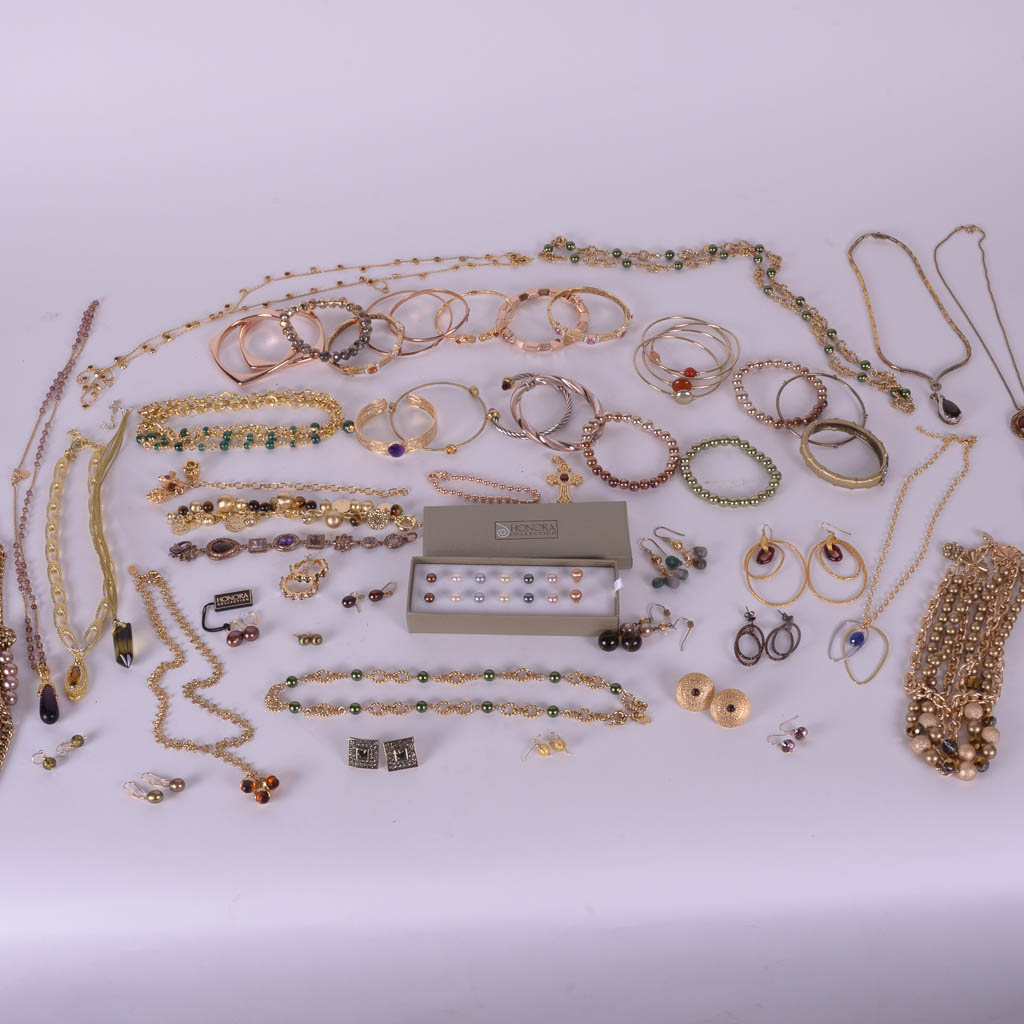Collection of Gold and Jewel Tone Costume Jewelry