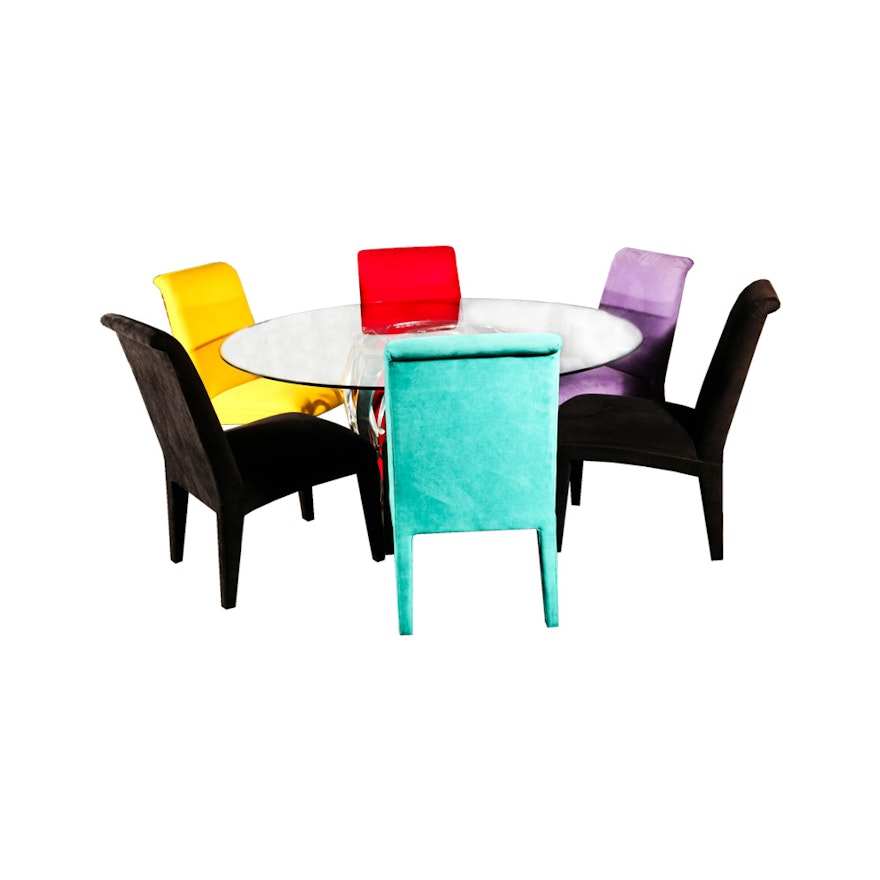 Glass Top Round Table With Multi Color Chairs