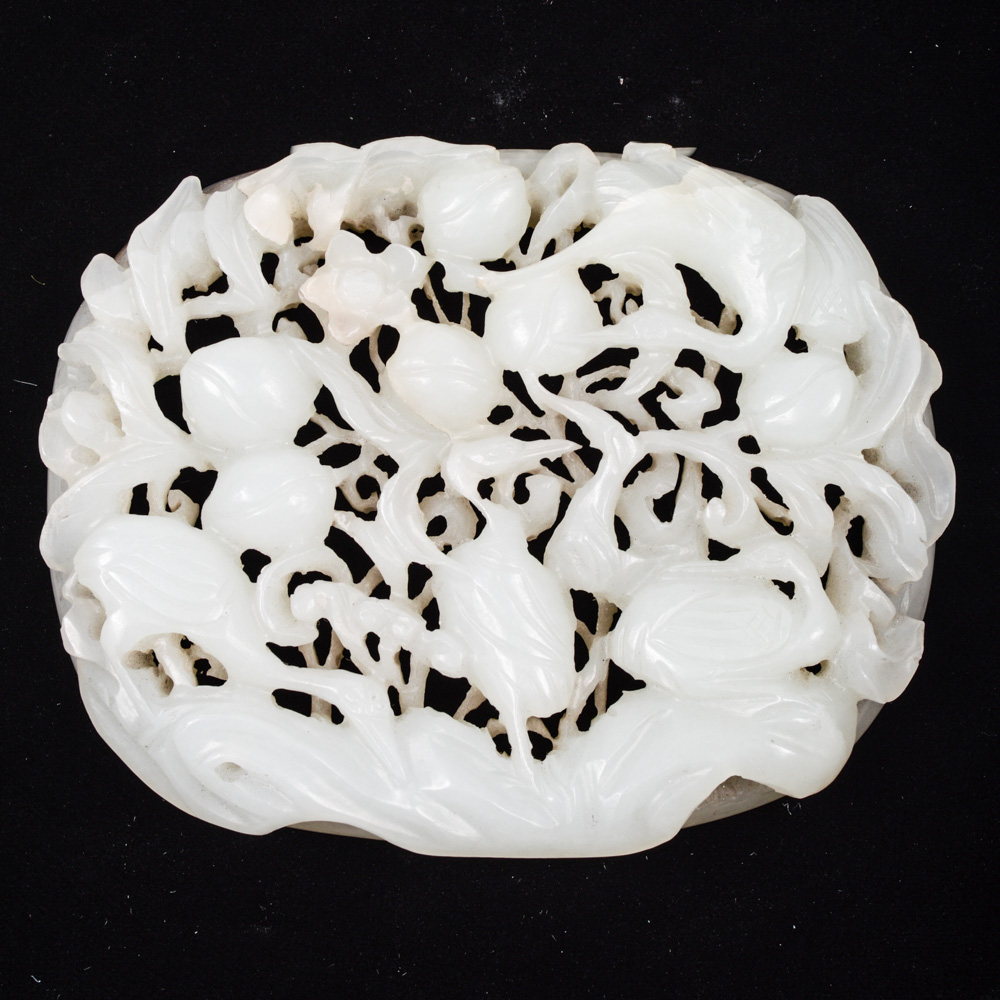 Qing Dynasty Chinese Jade Ruyi Inset Carving with Cranes and Peaches