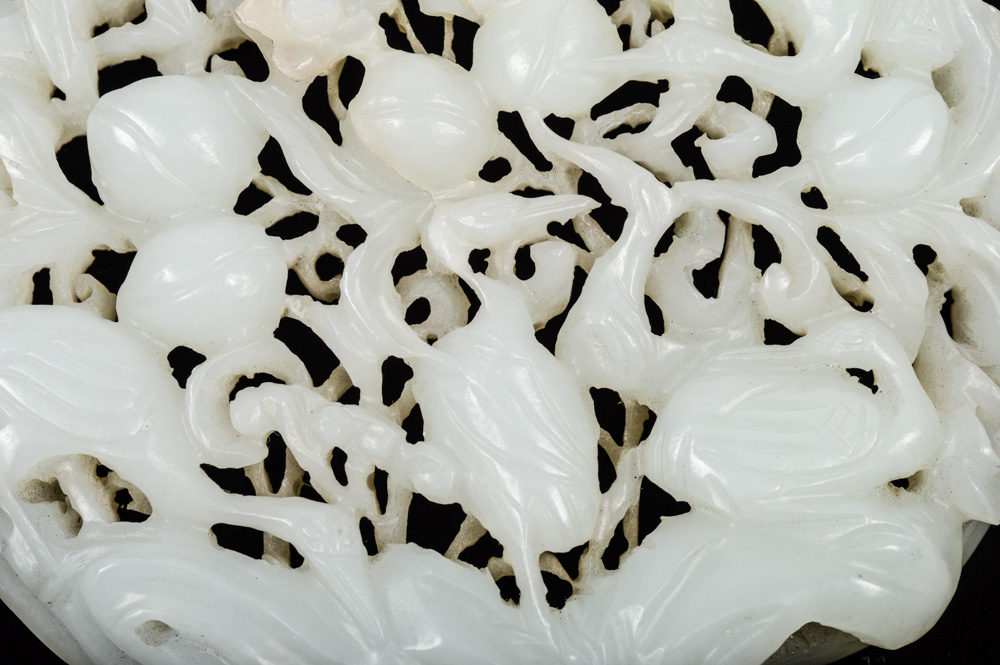 Qing Dynasty Chinese Jade Ruyi Inset Carving with Cranes and Peaches