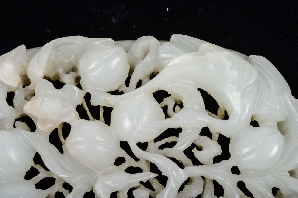 Qing Dynasty Chinese Jade Ruyi Inset Carving with Cranes and Peaches