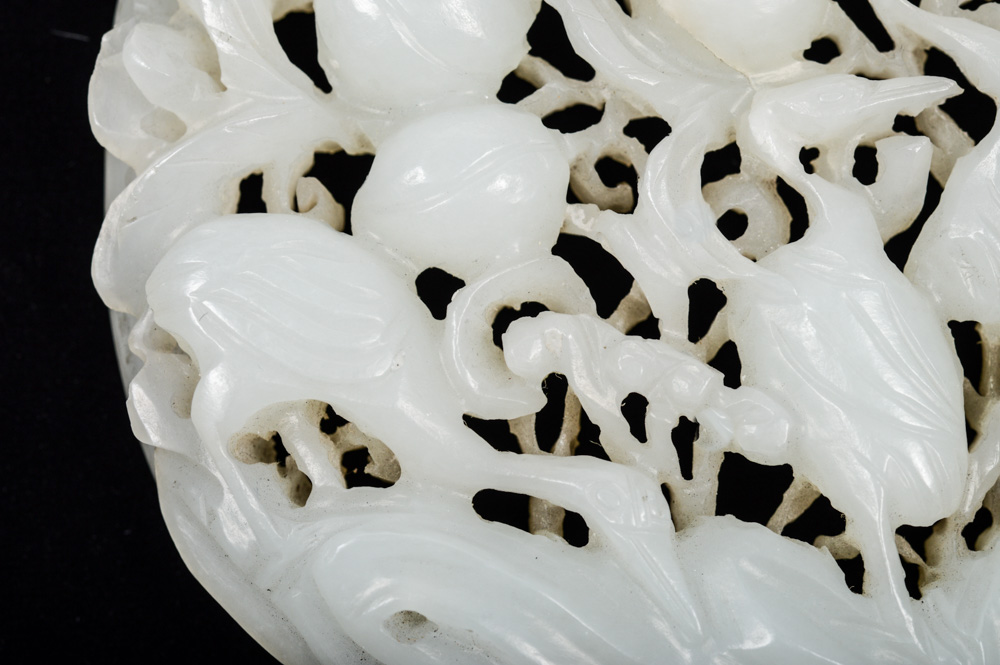 Qing Dynasty Chinese Jade Ruyi Inset Carving with Cranes and Peaches