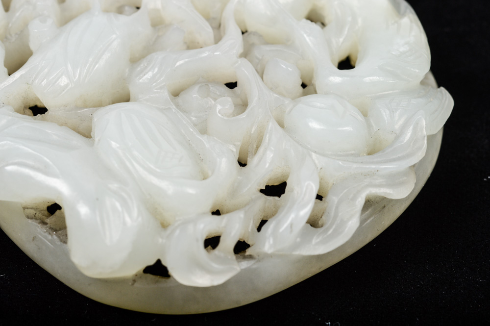 Qing Dynasty Chinese Jade Ruyi Inset Carving with Cranes and Peaches