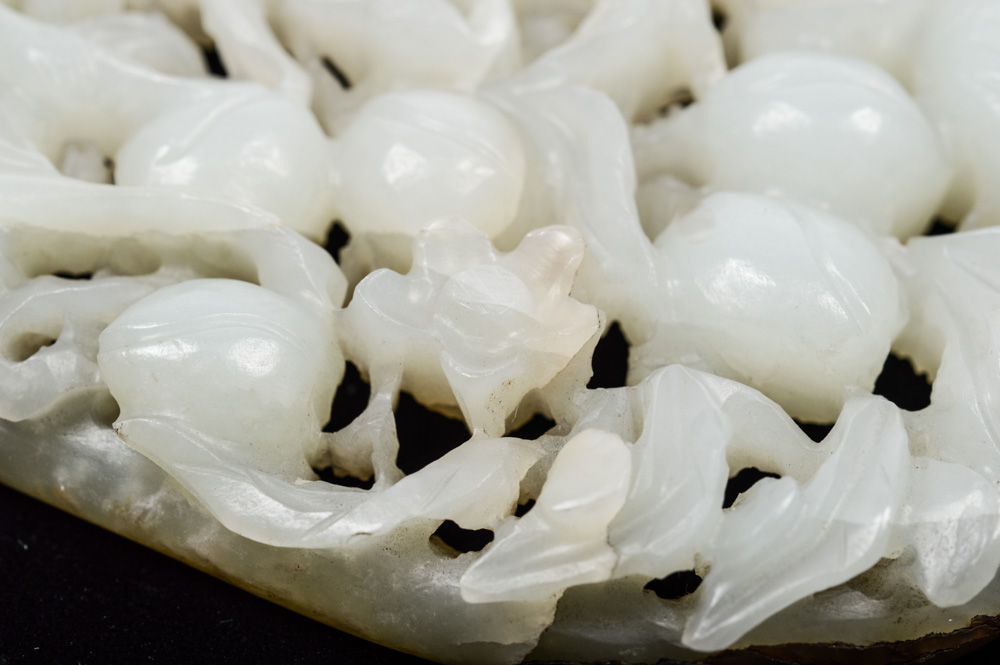 Qing Dynasty Chinese Jade Ruyi Inset Carving with Cranes and Peaches