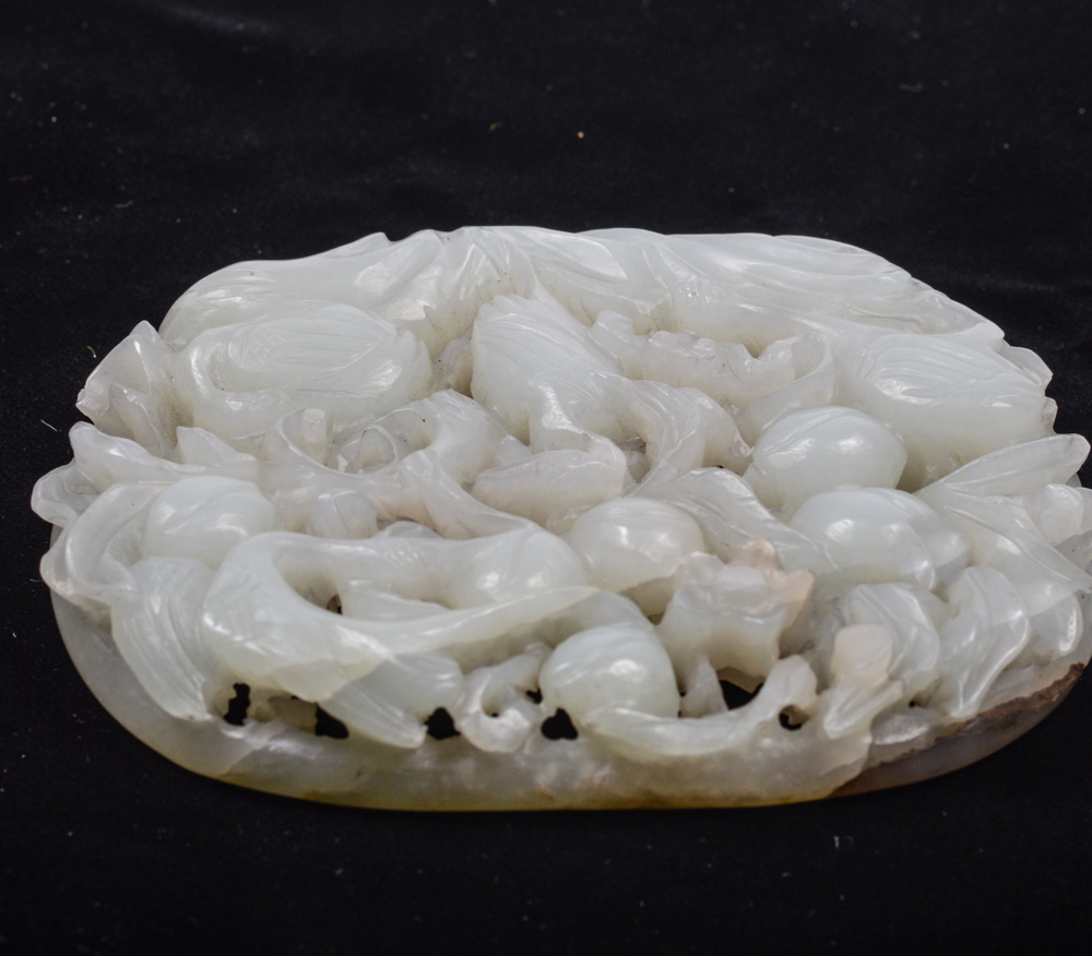 Qing Dynasty Chinese Jade Ruyi Inset Carving with Cranes and Peaches