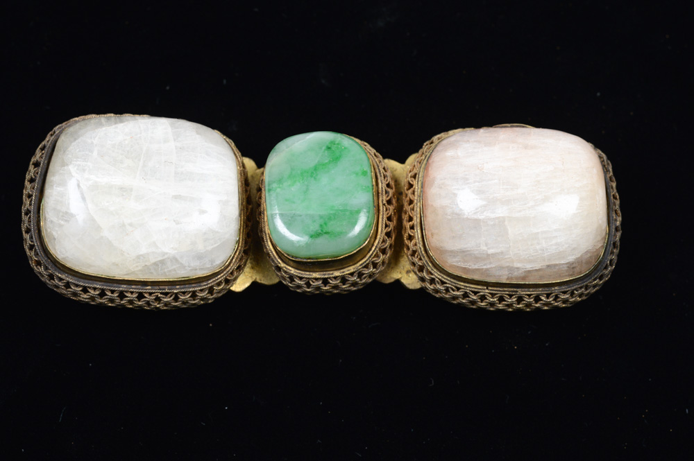 Chinese White and Green Jadeite and Brass Buckle