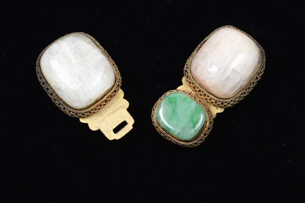 Chinese White and Green Jadeite and Brass Buckle