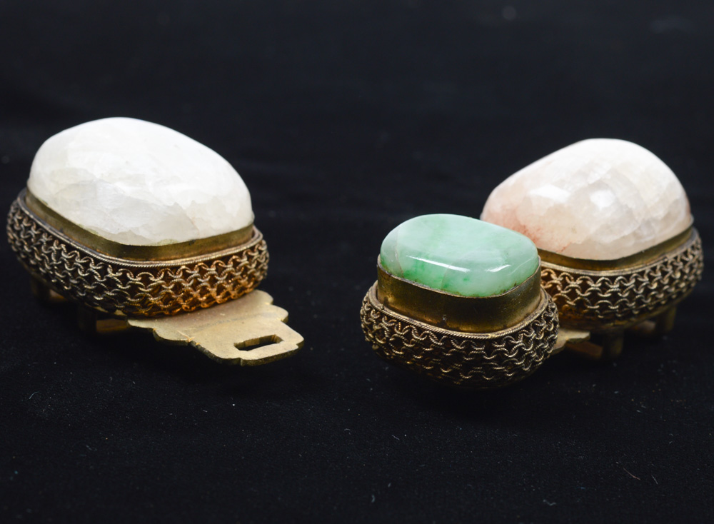Chinese White and Green Jadeite and Brass Buckle