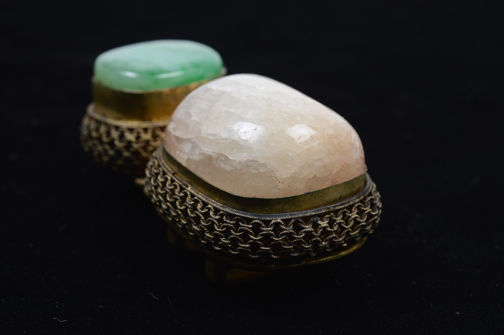 Chinese White and Green Jadeite and Brass Buckle