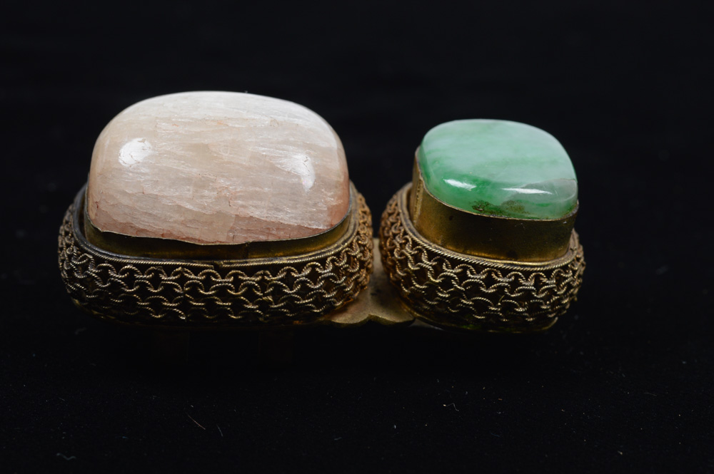 Chinese White and Green Jadeite and Brass Buckle