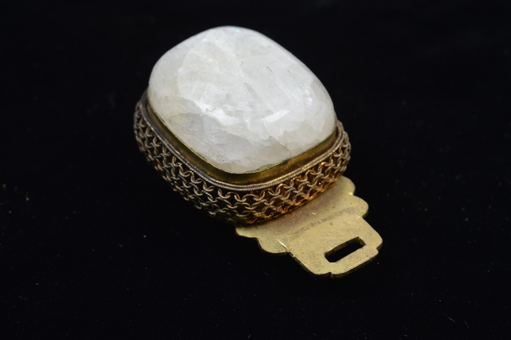 Chinese White and Green Jadeite and Brass Buckle