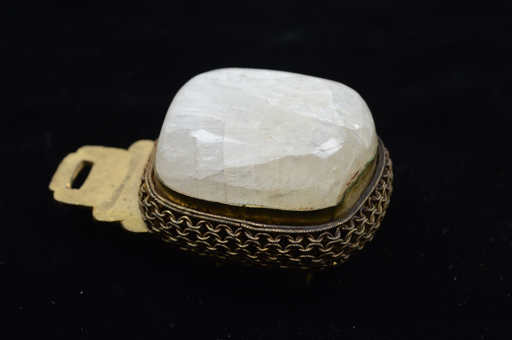 Chinese White and Green Jadeite and Brass Buckle