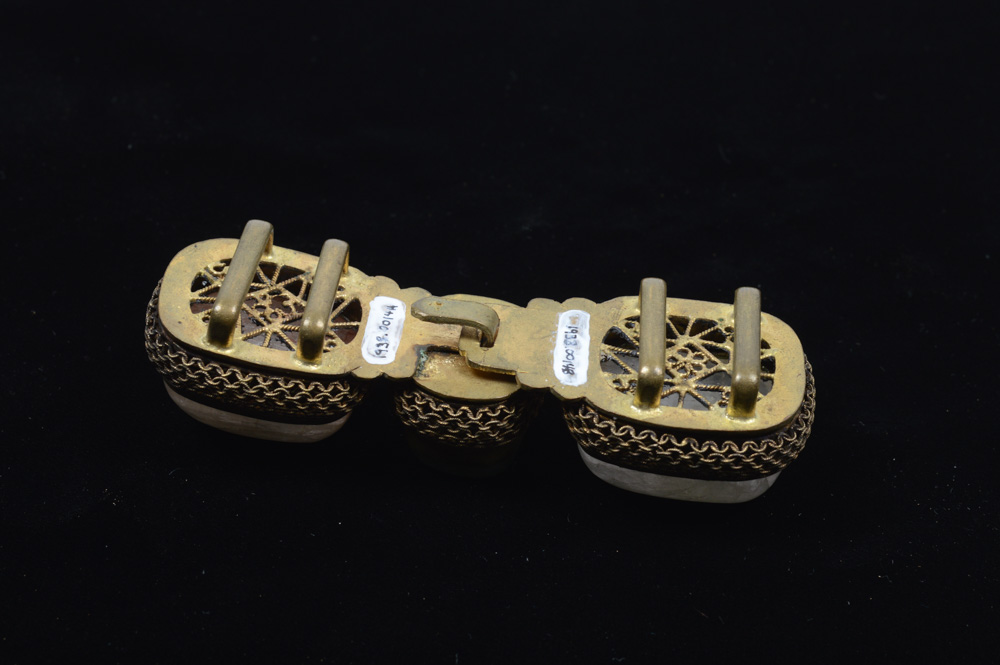 Chinese White and Green Jadeite and Brass Buckle