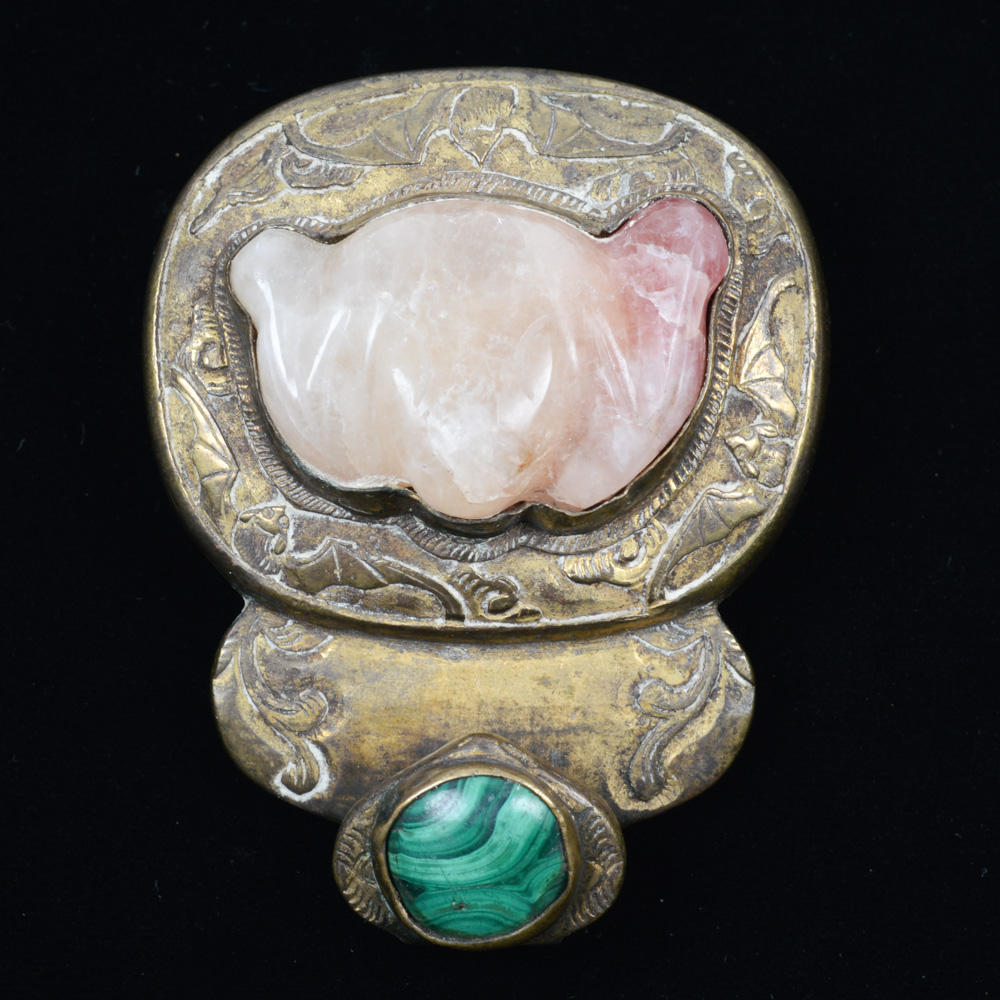 Chinese Jade and Malachite Brass Buckle