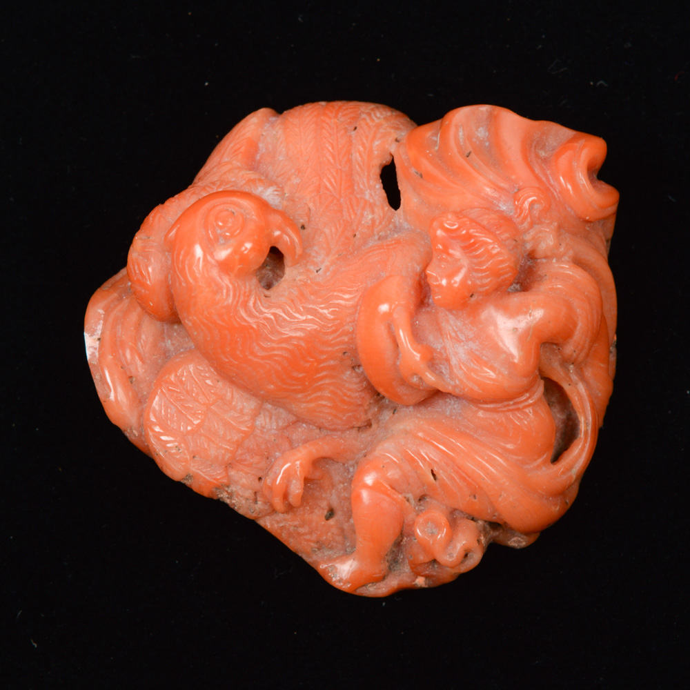 European Red Coral Carving of a Bird and Figure