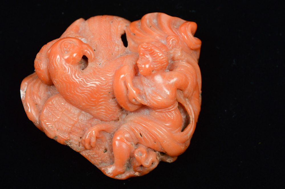 European Red Coral Carving of a Bird and Figure