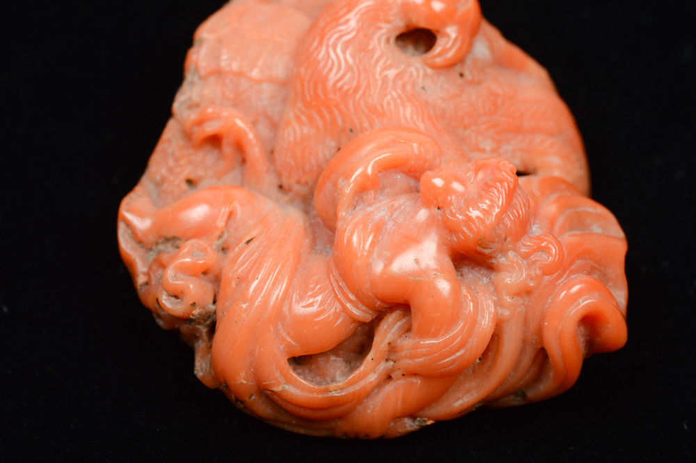 European Red Coral Carving of a Bird and Figure