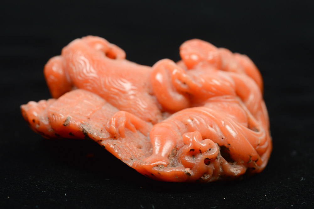 European Red Coral Carving of a Bird and Figure