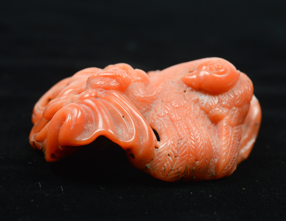 European Red Coral Carving of a Bird and Figure