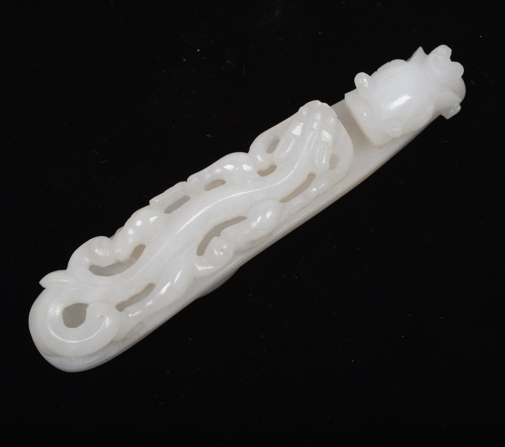 A Fine Chinese White Jade Carved Dragon Belt Hook