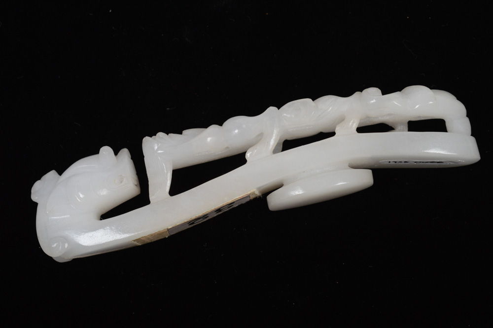 A Fine Chinese White Jade Carved Dragon Belt Hook