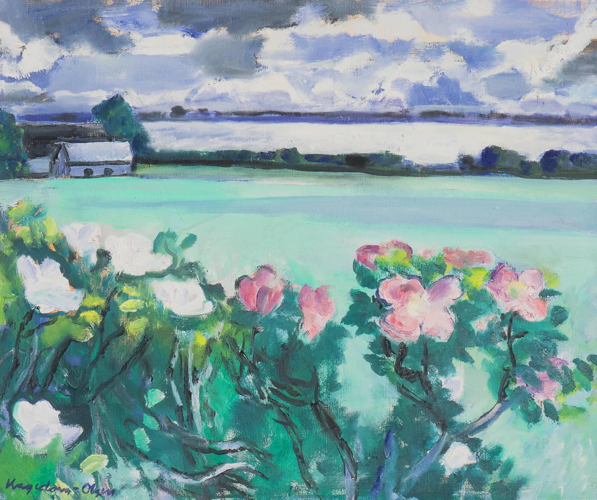 Thorvald Hagedorn-Olsen Oil Painting on Canvas "Evening Landscape with Roses"