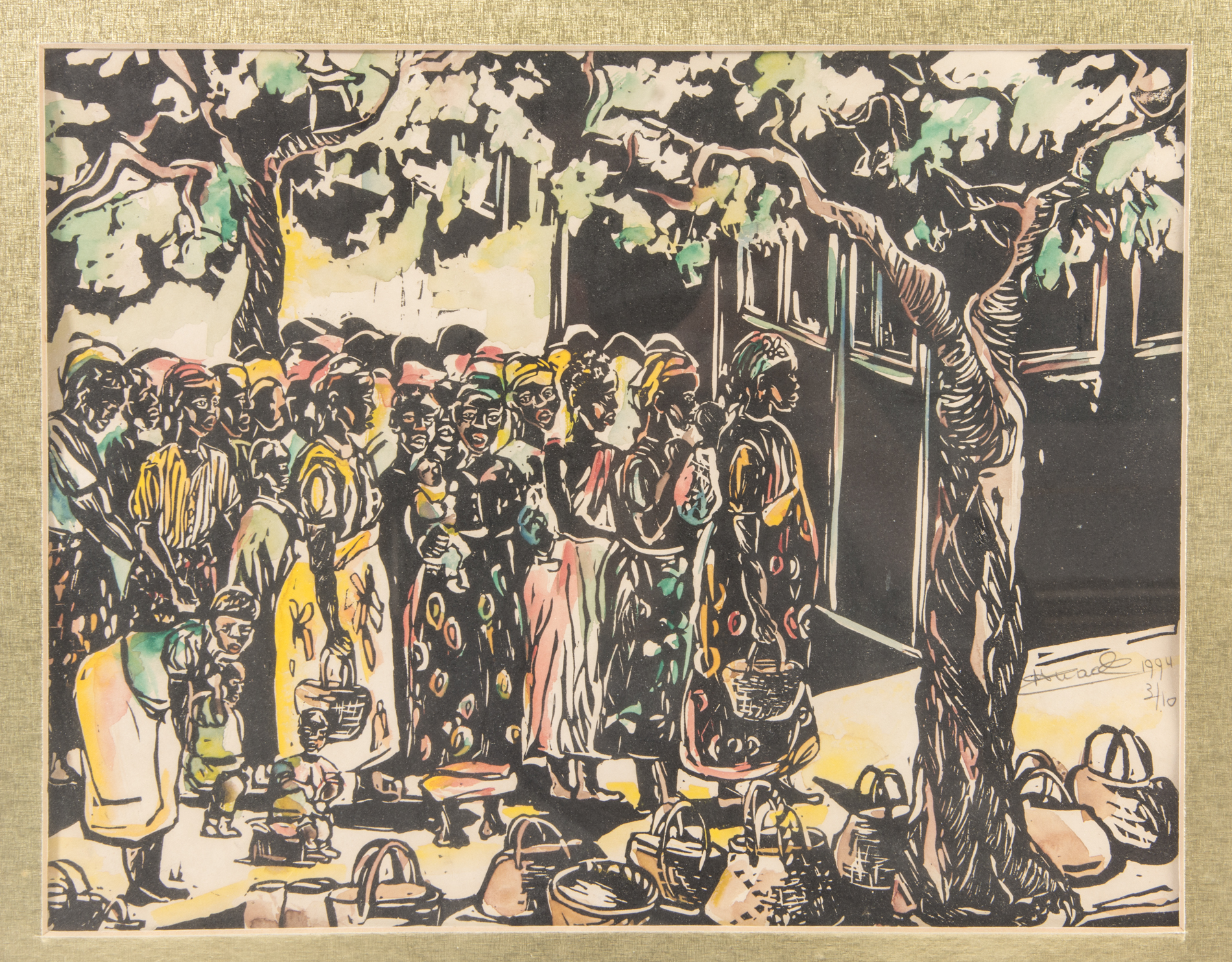 Limited Edition Hand Colored Linocut "Waiting for Food"